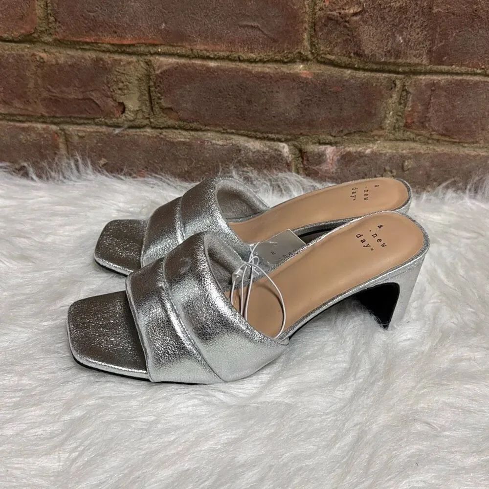 a new day Silver Lilah Puffy Slide Heels WomenโsโShoe Open Toe Block Heel